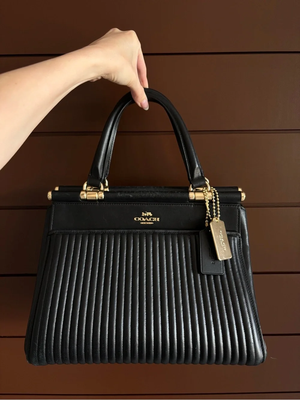 Coach Black Pleated Leather Satchel Crossbody Bag | Gold Hardware